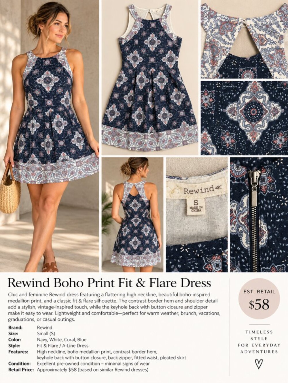REWIND BOHO MEDALLION PRINT QUILTED DRESS – SIZE SMALL